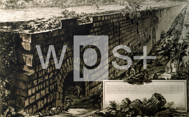 PIRANESI Giambattista｜山の下層を補強してアッピア街道の便宣などを計って建設された壮大な土木構築物の風景