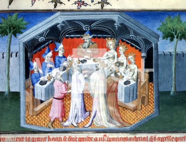 ペキンの宮廷で皇帝フビライ・ハンに謁見するニッコロとマッフェオ