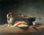 CHARDIN Jean-Baptiste Simeon｜銅の鍋と穴しゃもじと壺とサーモンの切身